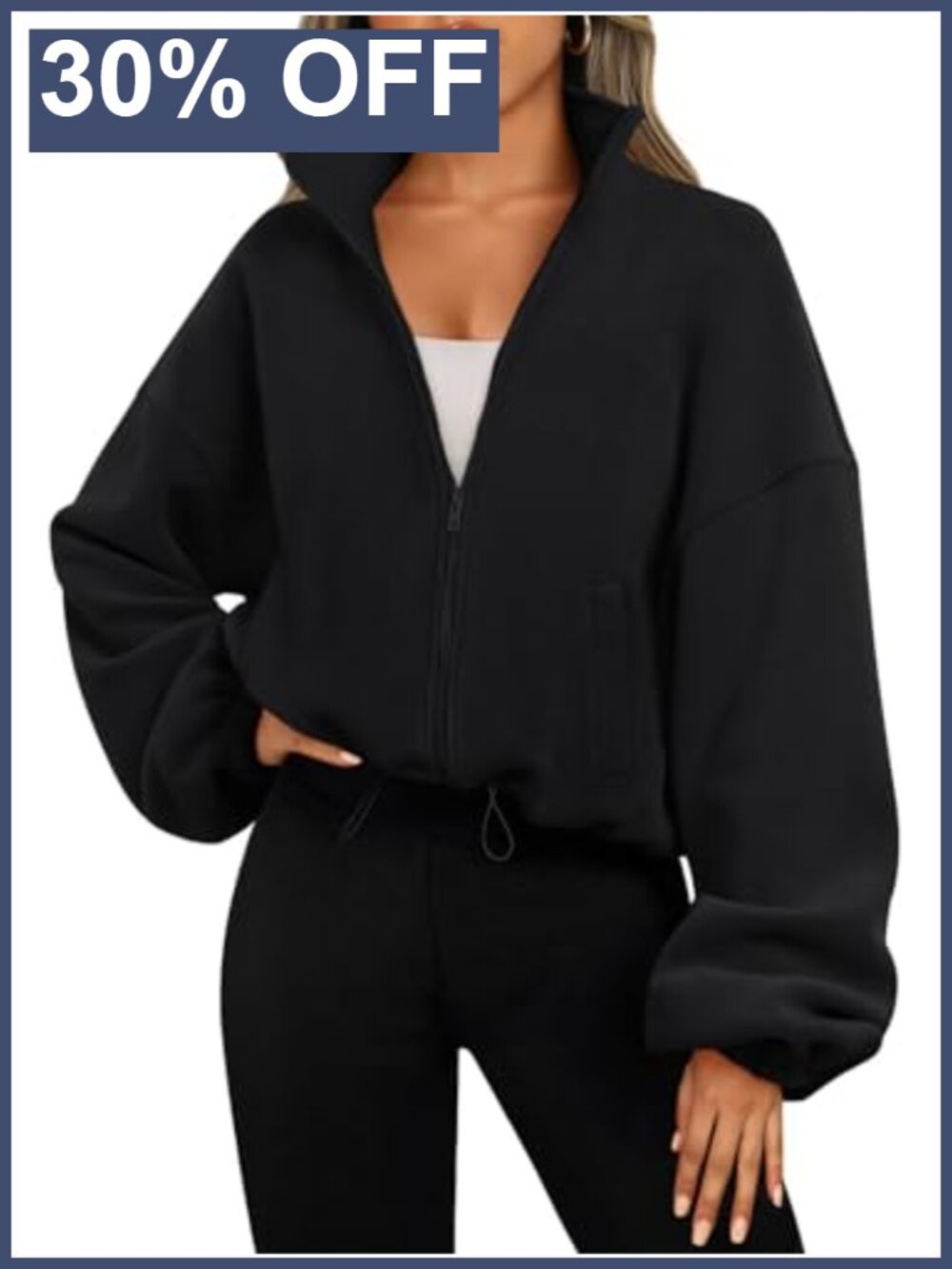 Fleece Zip Up Cropped Oversized Sweatshirt Jacket Polyester